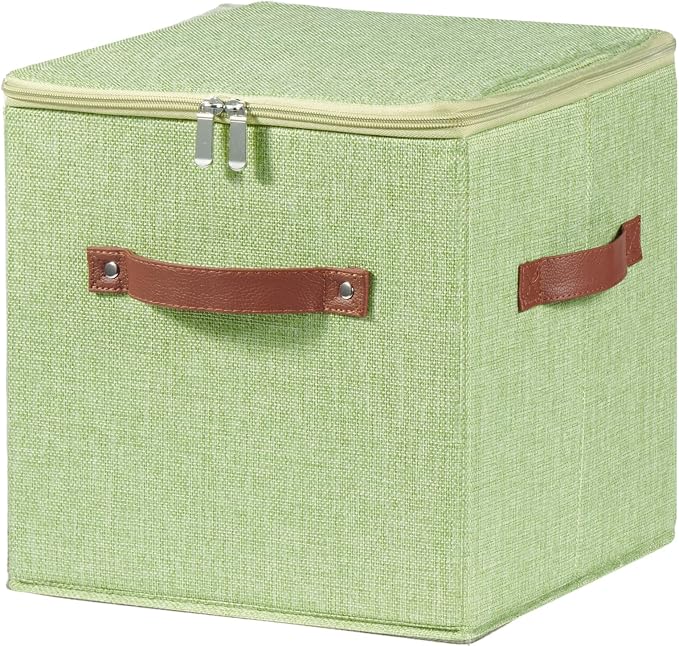 11inch Storage Boxes Cubes with Zipper Lid Collapsible Fabric Lidded Storage Bins Baskets PU Leather Handle Cotton Linen Decorative Shelf Closet Organizer Container (Green, 1PCS)