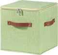 11inch Storage Boxes Cubes with Zipper Lid Collapsible Fabric Lidded Storage Bins Baskets PU Leather Handle Cotton Linen Decorative Shelf Closet Organizer Container (Green, 1PCS)