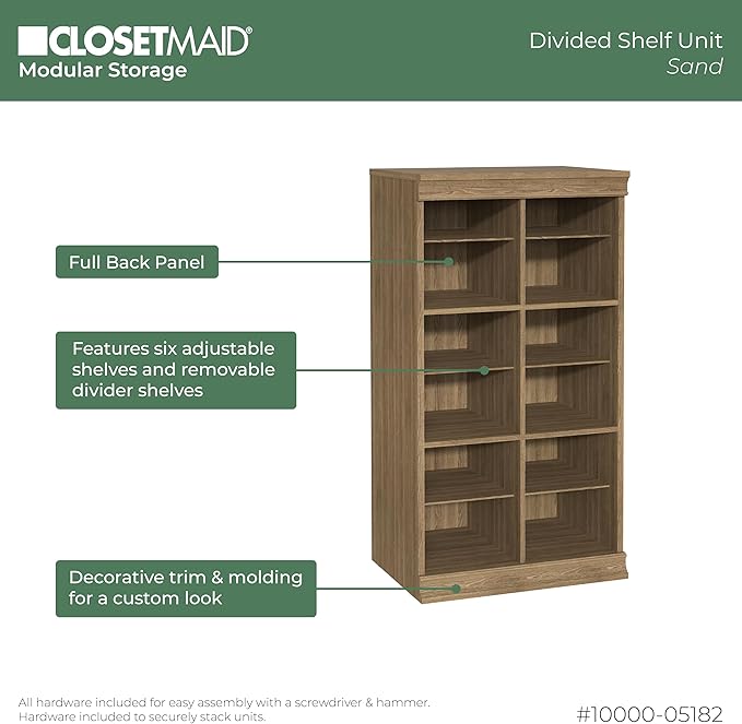 ClosetMaid Modular Storage Stackable 12-Shelf Unit with Dividers, Sand