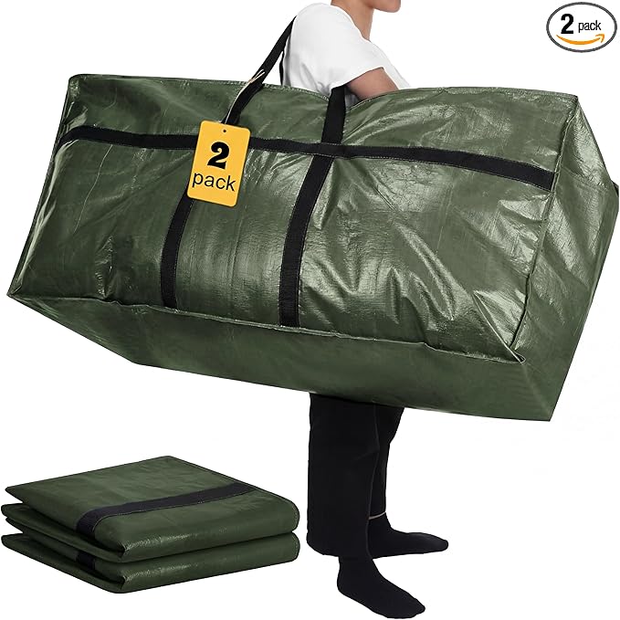 2 Pcs 66 Gallon Extra Large Moving Bags Storage Bags with Zipper and Handles Heavy Duty Duffle Bag Foldable Tote Bag for College Dorm Travel Clothes Blankets Bedding Moving(Army Green)