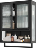 Bathroom Wall Cabinet, Over The Toilet Space Saver Storage Cabinet, Medicine Cabinet with 2 Glass Door and Towel Bar, Metal Wall Mounted Cabinet for Bathroom Laundry Room Kitchen