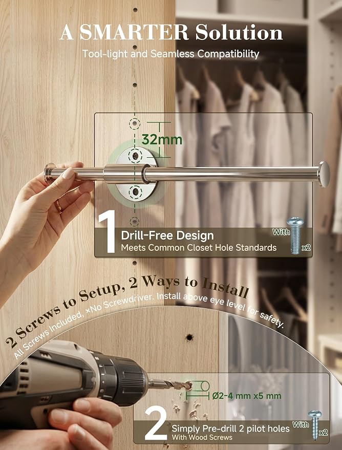 INMAKER Valet Rod for Closet Slide out | Pull out to 9.5" Hanger Rod for ≥12" Deep Closet, Polished Gold, 1 Pack