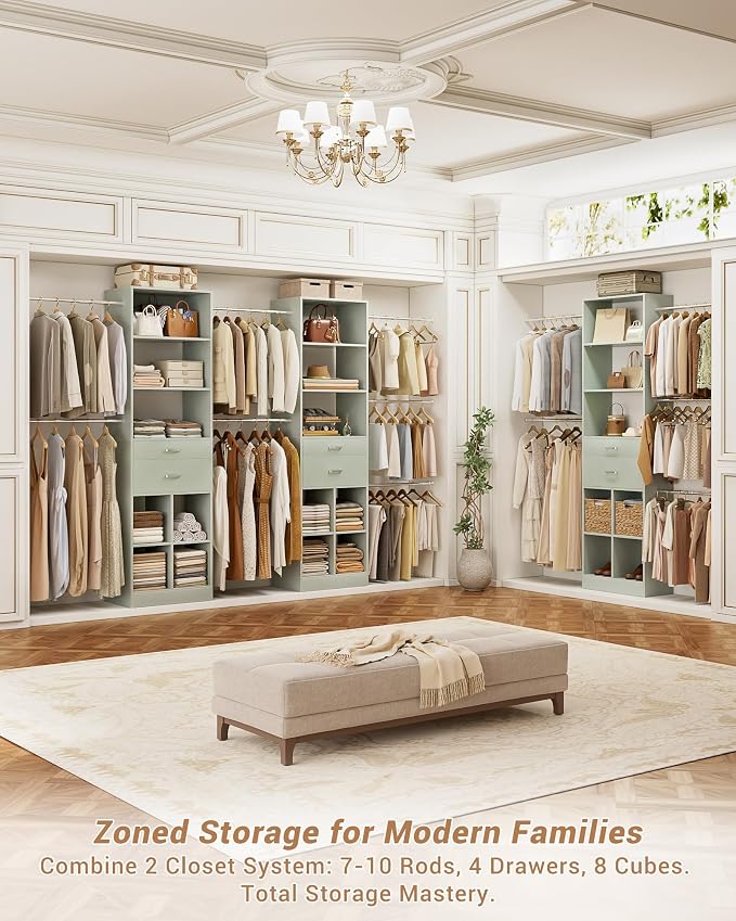Small Closet System, 3.2-6.8FT Small Closet Organizer with 2 Wooden Drawers & 5 Hanging Rods, Can Fit 37.5 to 81.9 inch Walk-in Closet System, Built-in, Crab Green, Enclosed Storage Volume 2.32 ft³