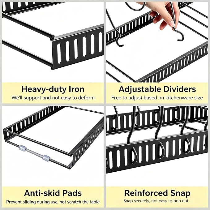 Expandable Pot and Pan Organizer for Cabinet, 14 Adjustable Dividers, Versatile Pan Holder Storage Rack, Extends from 12'' to 23'', Fits Cabinets, Countertops, or under Sink, Black, Iron