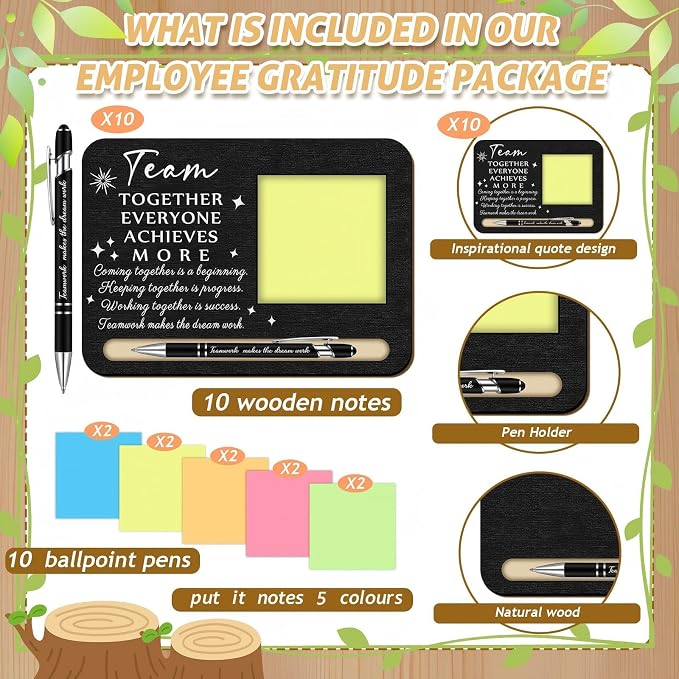 Kosiz 10 Set Back to School Teacher Gifts Bulk Team Together Wooden Sticky Note Holder with Notes and Ballpoint Pens Appreciation Thank You Gift for Teacher Back to School Party Supplies