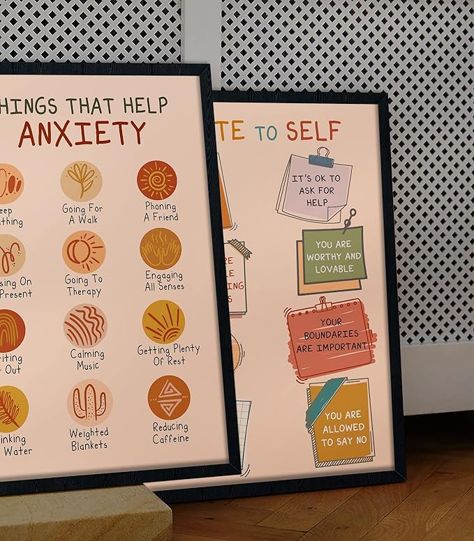 LOLUIS Mental Health Poster, Boho Therapy Tools Educational Supplies Art Print Classroom School Office Decor (Help Anxiety, Custom Frame Type)