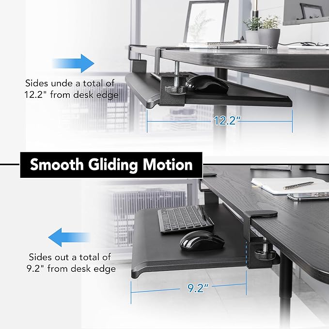 EHO Under Desk Keyboard Tray, Large 27.5" x 12.2" Slide-Out Clamp-On Drawer with Steel C-Clamps, Ergonomic Platform Fits Full-Size Keyboard and Mouse, Tool-Free Installation, TAA-Compliant