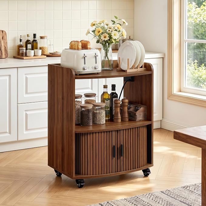 Bifins Coffee Bar Cart for Home, 3 Tier Rolling Serving Carts with Wheels | Coffee Cart with Removable Metal Brackets and Sliding Doors,Mobile Liquor Sideboard Cabinet for Home Bar, Kitchen