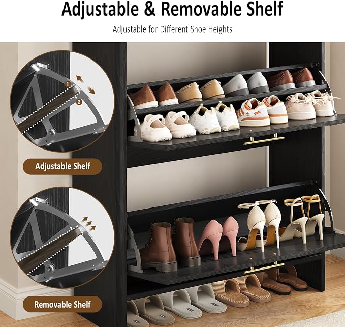 Fluted Shoe Storage Cabinet for Entryway, Narrow Wooden Shoe Cabinet with 2 Flip Drawers & Pull-Out Drawer, Modern Freestanding Slim Shoe Organizer Rack for Foyer/Hallway/Living Room, Black