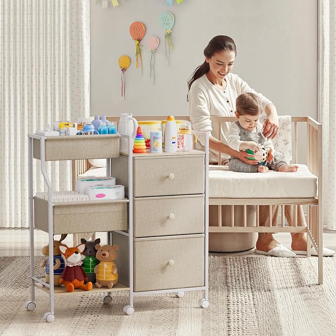 Modanais Baby Organizer and Storage - 3 Tier Rolling Cart with Dividers and Drawers, Easy To Assemble, Mobile Utility Cart with Wheels for Nursery, Bedroom, Changing Table & Crib,Off White