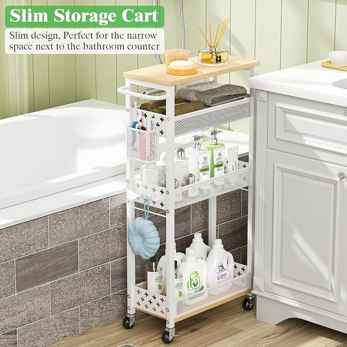 4 Tier Slim Rolling Storage Cart, Laundry Room Cart on Wheels, Small Metal Bathroom Cart Kitchen Organizer Trolley with Handle and Mesh Basket, 7.1 inch Width for Narrow Space, White