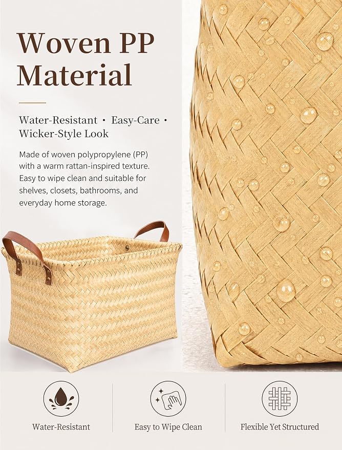 Hand Woven Baskets for Storage, 4Pcs Water-Resistant Wicker Baskets, Yellow Wicker Storage Baskets for Shelves, Large Basket with Handle for Organizing, Clothes, Laundry, Blanket - Rectangular