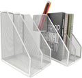 Mesh Magazine File Holder, 2 Pack Set, Desk Organizer | Sturdy metal mesh file holder. 2 compartments for magazines, documents. Desktop storage for office & home. White.