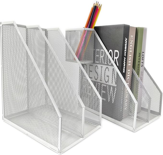 Mesh Magazine File Holder, 2 Pack Set, Desk Organizer | Sturdy metal mesh file holder. 2 compartments for magazines, documents. Desktop storage for office & home. White.