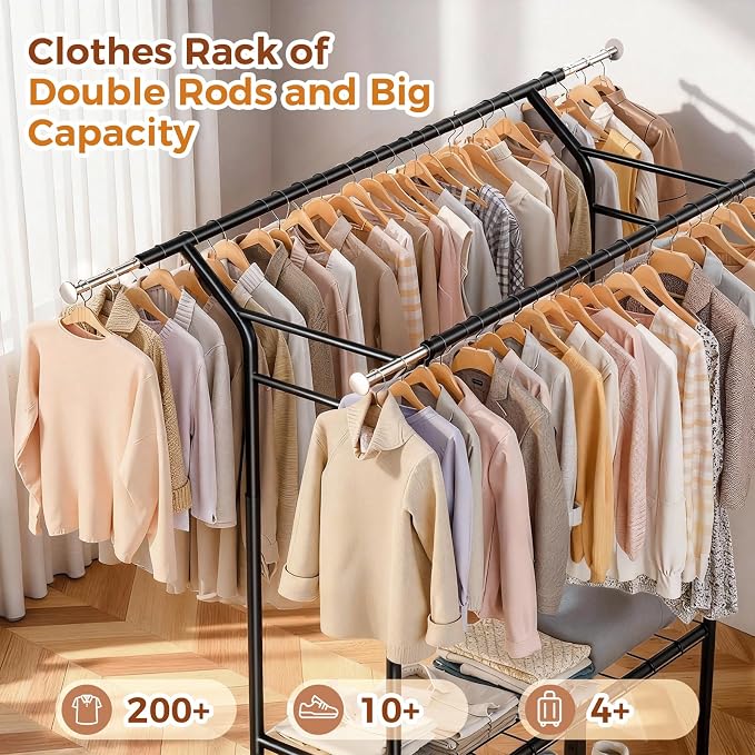 Luxspire Double Rod Clothing Racks for Hanging Clothes Load 650 LBS, Black | Zinc-iron alloy frame, 2-tier sturdy shelves, lockable silent wheels, adjustable extendable rods for bedroom & laundry room