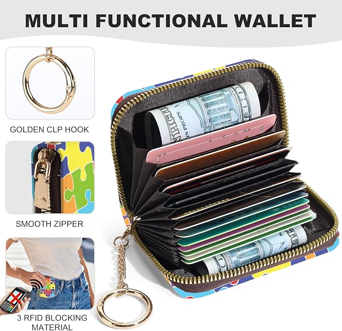 Credit Card Holder for Women,Small Rfid Wallet with Keychain Zipper,Cute PU Leather Card Case Wallet，Accordion Credit Card Wallets Gift,Puzzle C