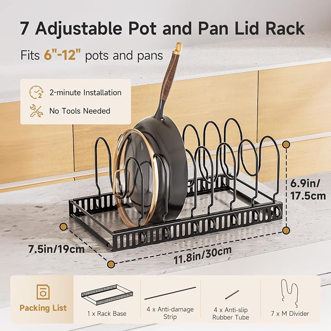 MUDEELA Pot Lids Organizer Rack for Cabinet and Countertop, Pot and Pan Lid Organizer Holder with 7 Adjustable Compartments, Baking Cookie Sheet Bakeware Cutting Board Kitchen Storage Organizers