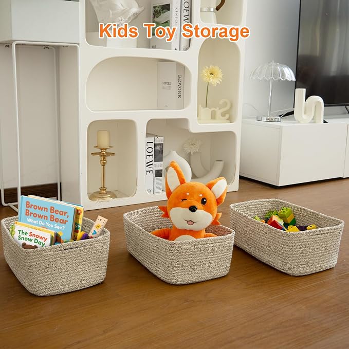 Small Storage Baskets for Organizing, Woven Storage Bins for Shelves, Gift Basket Empty, Cute Decorative Closet Organizer, Baby Rope Basket, Dog Toy Storage, 13.2x8.2x5.2”, 3Packs Mixed Brown
