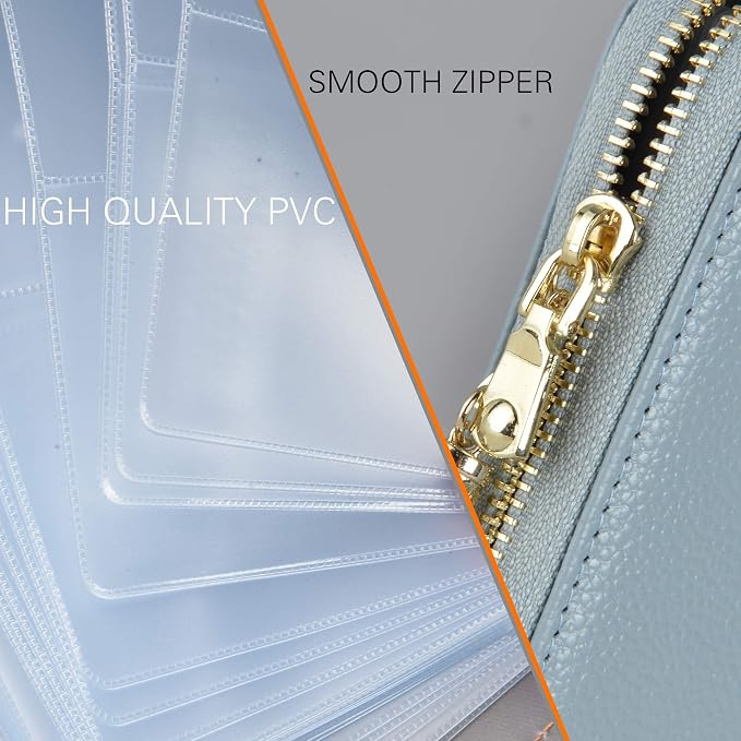 Easyoulife Womens Credit Card Holder Wallet Zip Leather Card Case RFID Blocking (Light Blue)