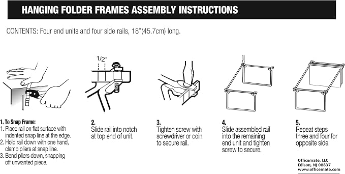 Officemate Hanging File Frames, Letter Size, Rails fits 24 to 27, Files Cabinet, Steel, 2 Sets (91999), Silver (Pack of 12)
