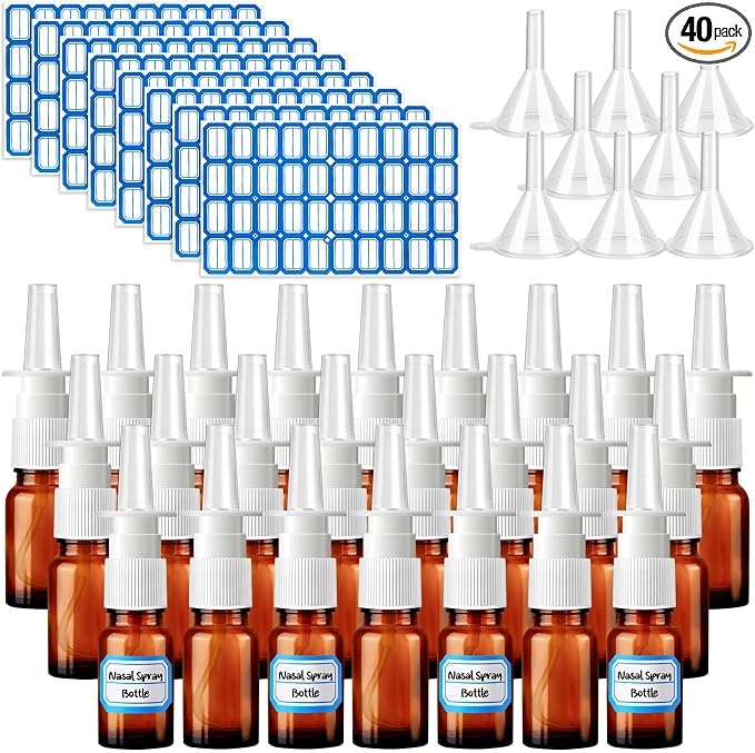 40 Pcs Nasal Spray Bottle, 10ML/0.35OZ 24 Pcs Glass Brown Refillable Empty Nasal Spray Bottles with 8 Funnels and 8 Labels