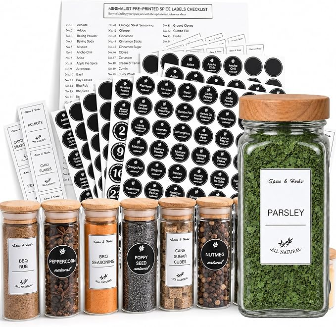 388 Pcs Spice Jar Labels Set- Stickers Waterproof Preprinted Pantry Labels with Blank Label, Black & White Stickers for Kitchen Jars Food Containers Spice Organizers Storage Bins