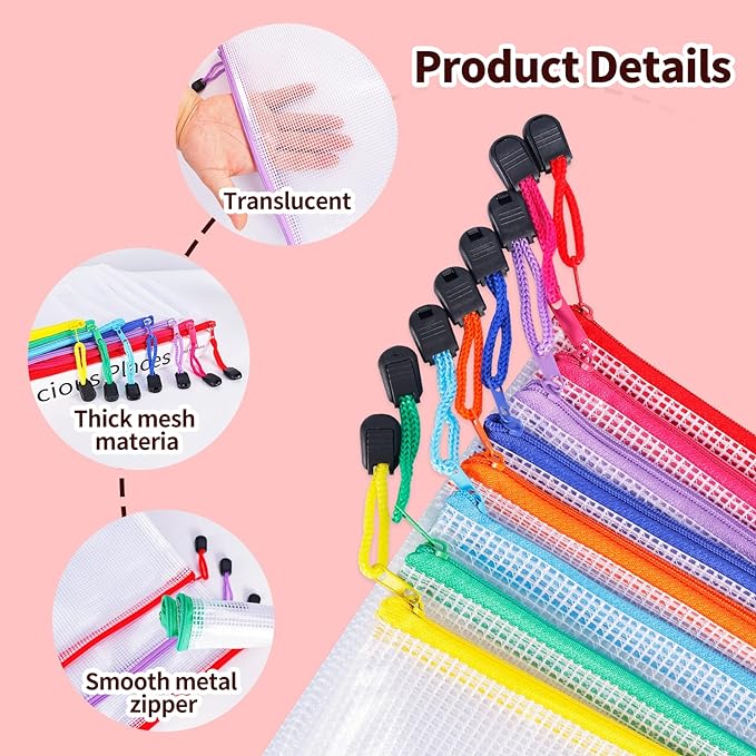 UMETDO 24pcs Mesh Zipper Pouch Bags - 8 Sizes Plastic Pouches for Organization, Mesh Bags With Zipper, Waterproof Clear Travel Pouches, File Bag for Office Supplies