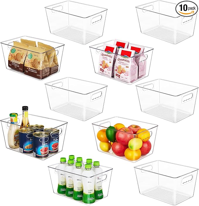 YIHONG Clear Pantry Storage Organizer Bins, 10 Pack Plastic Food Storage Bins with Handle for Kitchen,Refrigerator, Freezer,Cabinet Organization and Storage