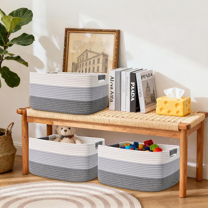 3 Pack Large Storage Basket for Organizing, 17.5"x13"x7" Woven Basket for Shelves, Closet Cube Storage Bins with Wrapped Handle, Cotton Rope Baskets for Kitchen, Clothes, Toys(Gradient Grey)
