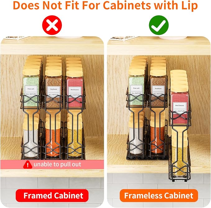 RCHYFEED Pull Out Spice Rack Organizer for Cabinet, Metal Heavy Duty Cabinet Spice Organizer, 2 Tier Slide Out Spice Racks, 7.3 W x10.5 D x8 H, 3 Individual Drawers(2.1" Wide), Jars Not Included