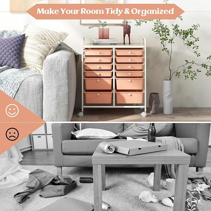 GOFLAME 12-Drawer Rolling Storage Cart, Multipurpose Organizer Cart with 2 Sizes Plastic Drawers, Mobile Utility Cart with Lockable Casters for School, Home Office, Beauty Salon, Peach Fuzz