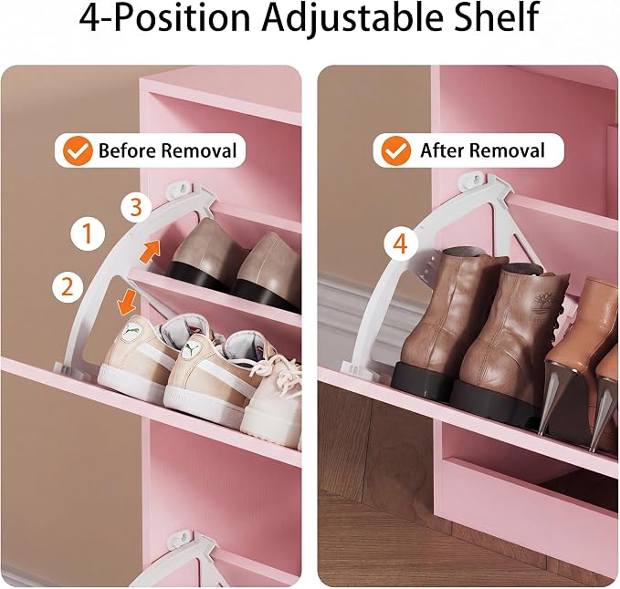 Shoe Storage Cabinet, Wood Shoe Organizer for Entryway with 3 Flip Drawers, Freestanding Shoe Rack with Adjustable Shelf, Narrow Shoe Dresser for Front Door Entrance (Pink, Standard 4 Drawers)