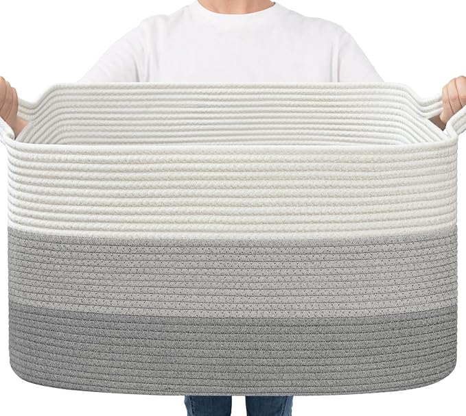 Goodpick Storage Basket, 21.6" x 14.9" x 11.8", Blanket Basket for Living Room, Large Woven Baskets for Storage, Toy Organizer, Rectangle Rope Baskets for Organizing, Gray