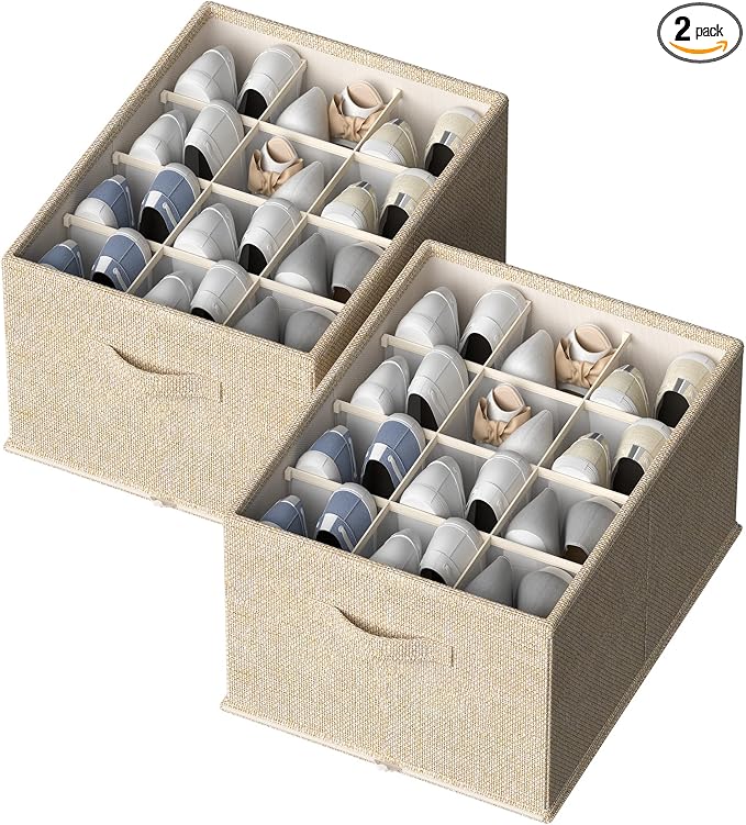 FHSQX 2 Pack Shoe Organizer for Closet,Foldable Shoe Organizer,Fits up to 24 Pairs,Storage Containers With Bottom Support for Shoes | Foldable