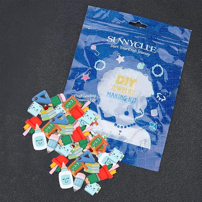 SUNNYCLUE Resin Cabochons Back to School Resin Charms Teacher School Themed Resin Charms No Hole Flat Back Brush Pencil Eraser Ruler Notebook Shape Colorful Cabochon for Hair Clips DIY Crafts