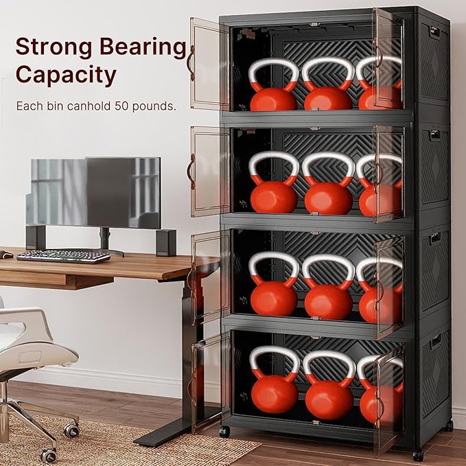 UAMFURI Extra Large Stackable Storage Bins with Lids & Wheels, Foldable Collapsible Closet Organizers Dark Storage Cabinet with Doors for Bedroom Dorm