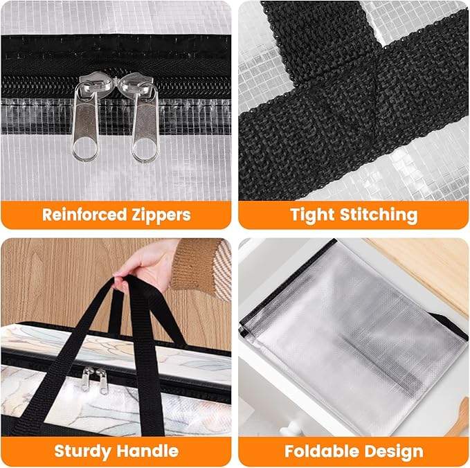 BlissTotes 8 Pack Clear Clothes Storage Bags, Moving Bags, Foldable Blanket Storage Under Bed Storage Containers with Sturdy Zipper and Handle for Clothing, Comforter, Bedding, Sheet (90L)