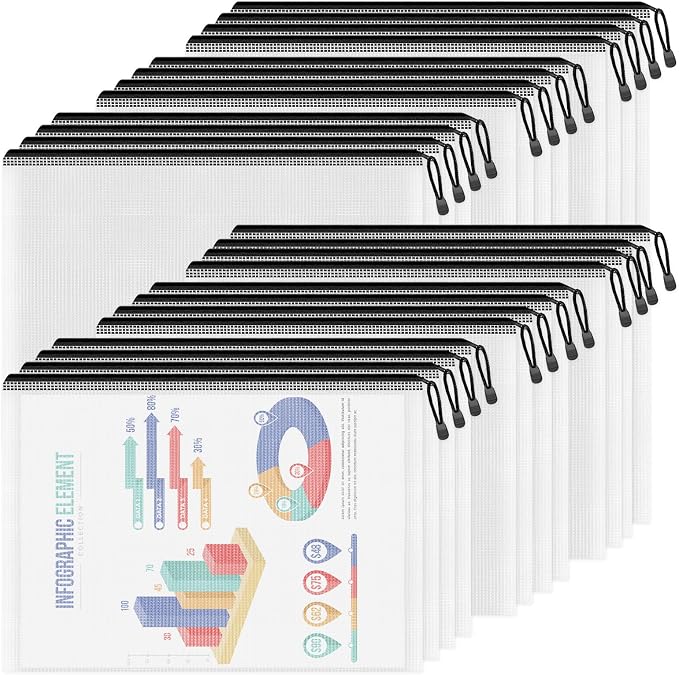 Smarpau A4/Letter Size Mesh Zipper Pouch, 24 Pack 13" x 9.4" Plastic Pouches for Organizing, Multipurpose Waterproof Zipper Bags for Travel, Office, Home Storage, Black