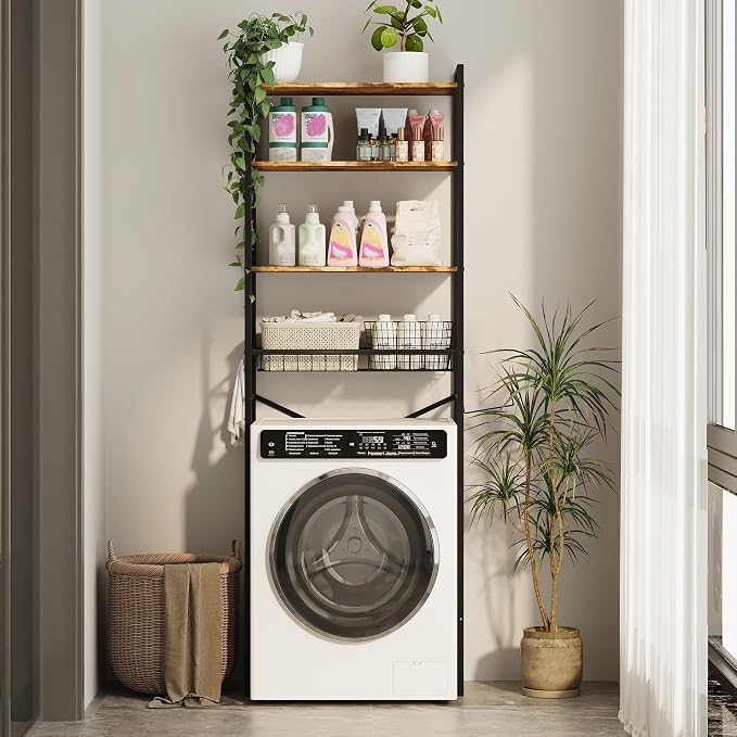 Gizoon Over-The-Toilet Storage Rack with Adjustable Shelf and Basket, 4-Tier Freestanding Space Saver Bathroom Shelves Above Toilet for Room
