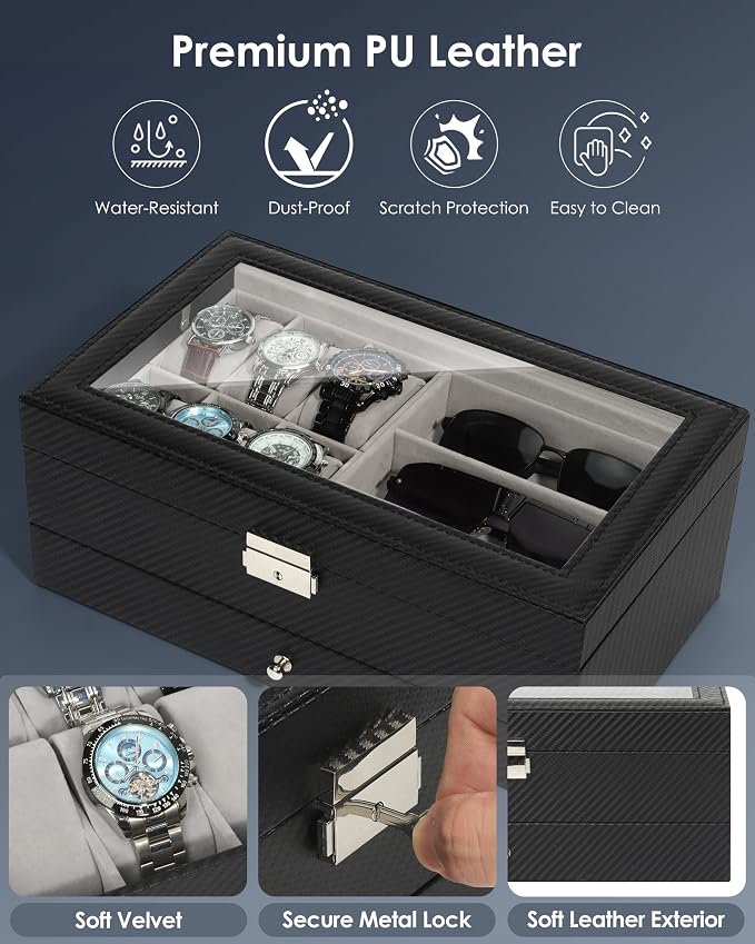 Kukikan Watch Jewelry Box Organizer, 6-Slot 2-Layer Watch Case and Sunglasses Storage with Large Glass Lid, Men's Jewelry Box with Lock, Watch Holder Display Case, Gift for Men Women