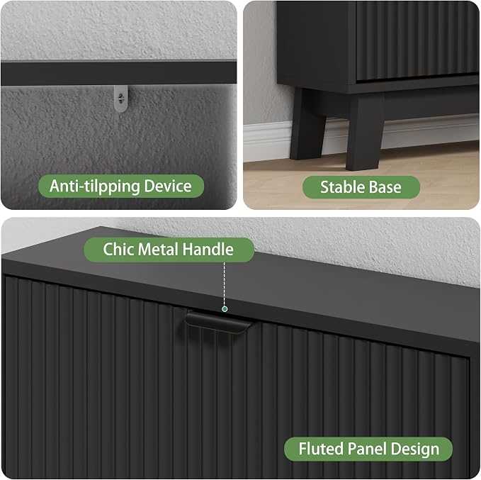 Xixini Shoe Cabinet with 2 Flip Drawers, 37" Tall Narrow Fluted Shoe Storage Organizer for Entryway, Hidden Slim Wooden Shoe Rack Cabinet for Front Door Entrance, Hallway, Living Room, Solid Black