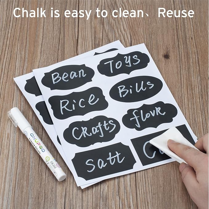ONUPGO Chalkboard Labels Stickers Bulk - 196 Reusable Chalk Sticker Labels with Erasable Chalk Maker, Removable Waterproof Blackboard Labels for Containers, Glass, Mason Jar Labels | Removable, Waterproof, Reusable Chalk Labels, For Storage Bins & Food...