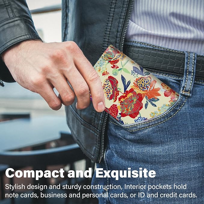 Business Card Holder，PU Leather Business Card Case Color Printing Pattern Card Holder Wallet，Pockets Magnetic Credit Card Holders for Men and Women - Purple Flowers