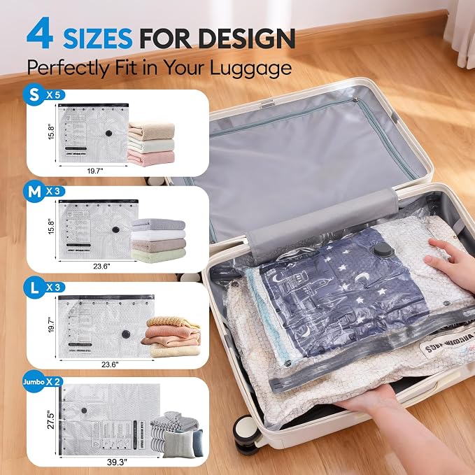 Vacuum Seal Bags for Clothing Travel, 13 Pack Vacuum Storage Bags for Clothes with Portable Electric Pump, Space Saver Bags for Luggage Traveling and Clothing (13 combo bags + wireless pump)