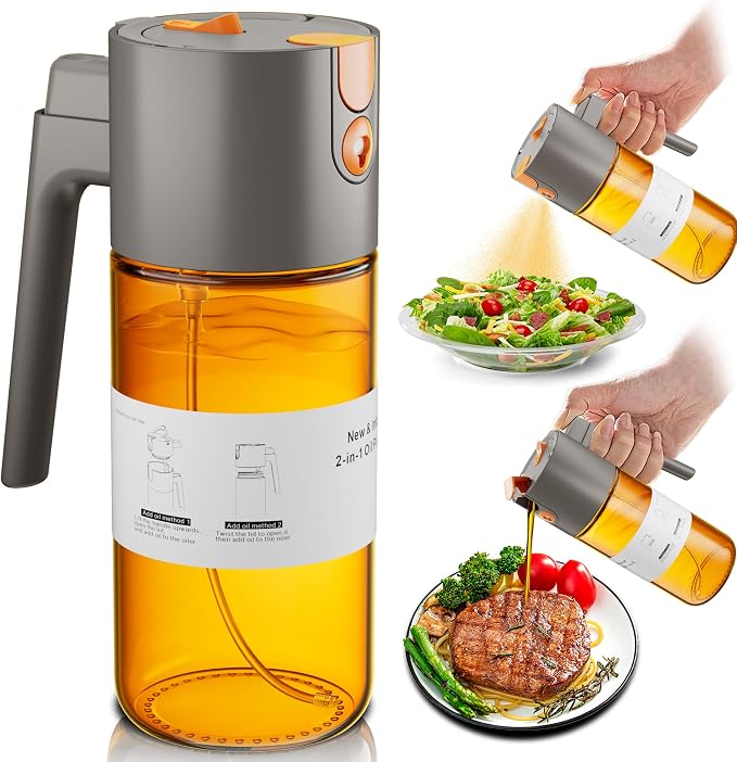 Olive Oil Sprayer & Dispenser Bottle for Cooking 17oz Dark Glass Oil Mister | 2-in-1 Sprayer & Pourer, Leakproof, Fine mist, Light-Blocking, Wide Mouth for Easy Refill & Clean, 8 Oil Labels, Reusable