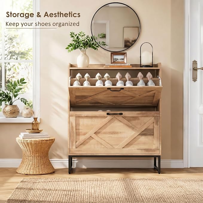Nicetree Shoe Cabinet Storage for Entryway, Slim Shoe Storage Cabient with 2 Flip Drawers, Narrow Vertical Shoe Rack Cabinet with Metal Hooks, Small Space Solution for Hallway, Oak