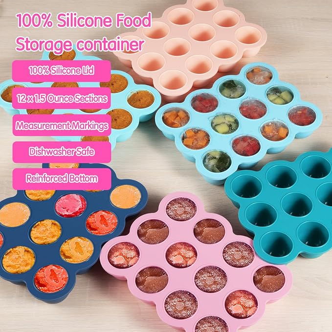 Silicone Freezer Tray with Lid, 12x1.5oz Baby Food Storage Container | Baby Food Freezer Tray, Easy Puree Meal Prep, BPA-Free Food Grade, Homemade Baby Food, Dishwasher Safe, Microwave Safe