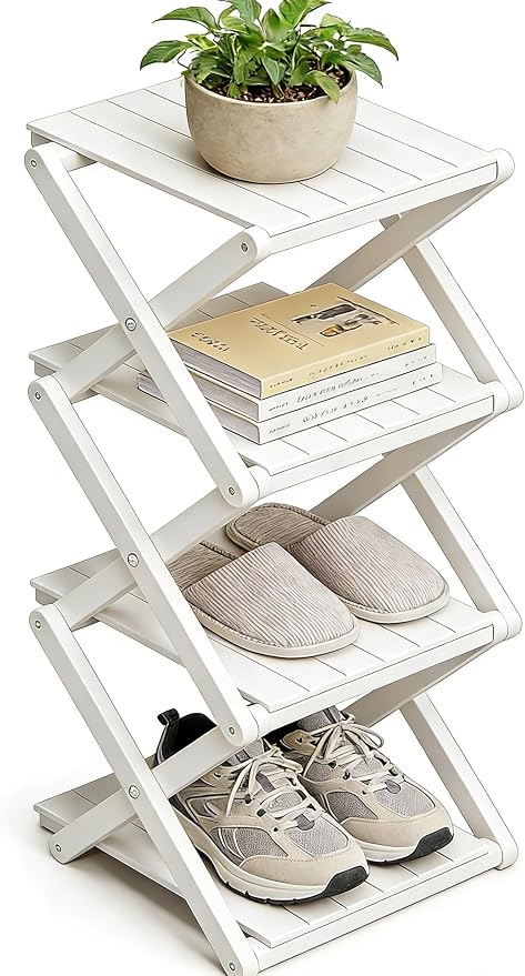 Bamboo Shoe Rack - No Assembly Required, Tall Narrow Foldable Shoe Organizer, Space-Saving Multifunctional Shelf for Entryways, Corners, Bedrooms, Balconies, 4 Layer White (Reinforced And Thickened )