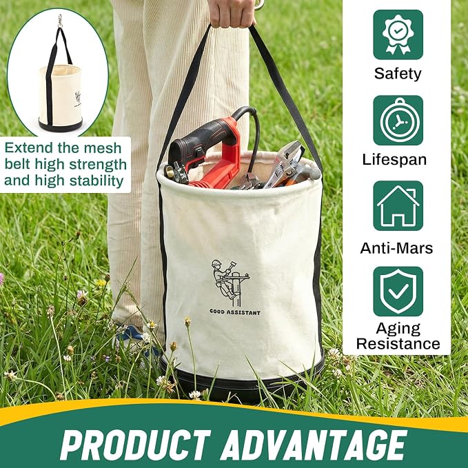 1 Pack 15" x 12" Canvas Tool Bucket Bag, Heavy Duty 150 Lbs Load Capacity, Truck Tool Organizer with Plastic Bottom Metal Hook for Linemen Electricians & Construction Workers (White)