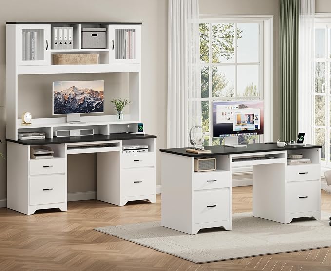 Bestier 59” Computer Desk with 4 Drawers, Charging Station, White | Office Desk with Storage, Modern Executive Desk with Keyboard Tray & Wooden Pedestals on Both Sides for Home Office & Studio